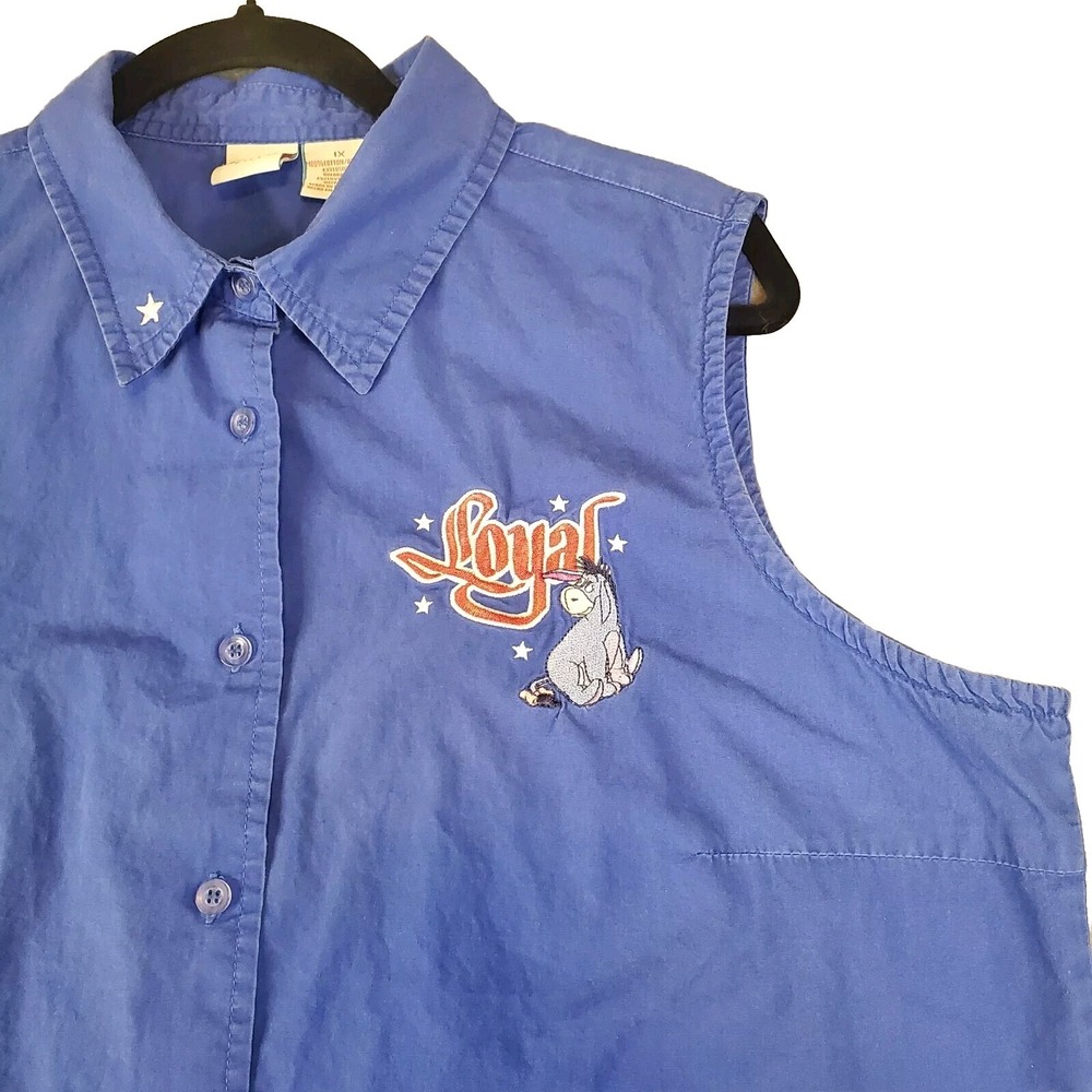 Disney Plus 1X Eeyore Embroidery Loyal Button Down Sleeveless Collared Shirt